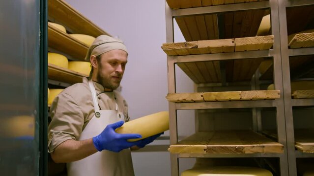 cheese maker in uniform at cheese production man in warehouse with wooden shelves full of cheese heads takes cheese checks it