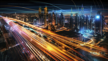 Fototapeta na wymiar Smart digital city with high speed light trail of cars of digital data transfer. Generative AI.