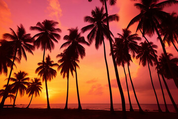 Fototapeta na wymiar Palm trees silhouettes on tropical beach at vivid sunset time summer beach background 