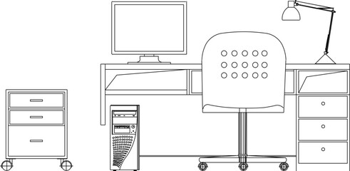 Sketch vector illustration of office employee desk work area side view