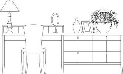 Fototapeta premium Sketch vector illustration of office employee desk work area side view