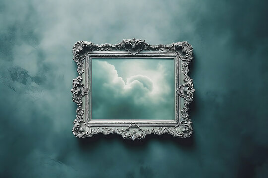 Silver picture frame with clouds hanging on wall. Generative AI.