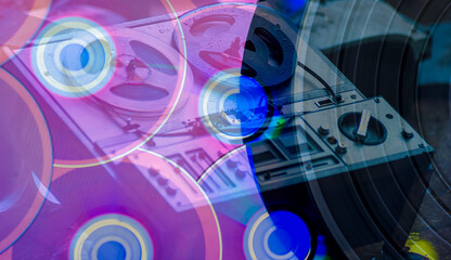 abstract music dj background with vinyl and cd discs