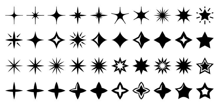 Abstract geometric star shapes collection. Vector set of different brutal minimalistic black design elements. Contemporary aesthetic basic Y2K figures, stars silhouettes.