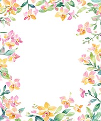 Fototapeta na wymiar Greeting card frame border with watercolor flowers orchids and leaves. Tropical design for wedding stationary, background, postcard etc. Hand painting. Generative AI.