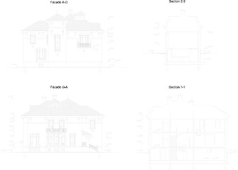 Vector illustration sketch of floor plan view of vintage antique classic villa with swimming pool