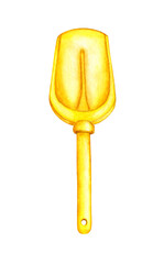 Watercolor illustration of a yellow scoop for little kids. Children's equipment for playing in the sand. Picture for fabric, textile clothing, wallpaper, wrapping paper, packaging, design cards