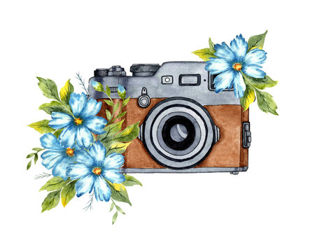 Watercolor illustration of a brown retro camera and blue flowers. Composition for posters, postcards, banners, flyers, covers, posters and other printing products. Isolated on white background.