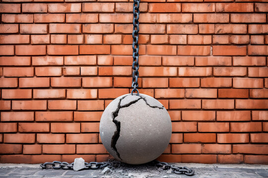Wrecking ball on chain couldn't shatter a brick wall but collapsed by itself into pieces. Concept of miscalculated forces © Valkantina