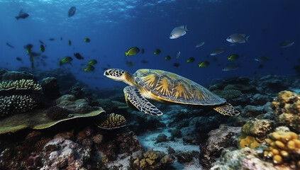 Fototapeta premium Turtle swimming underwater in the ocean. Generative AI.
