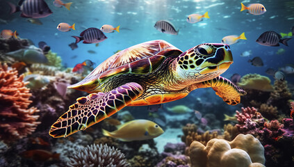 Fototapeta na wymiar Turtle with group of colorful fish and sea animals with colorful coral underwater in the ocean. Generative AI.