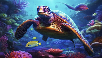 Fototapeta na wymiar Turtle with sea animals and colorful coral underwater in the ocean. Generative AI.