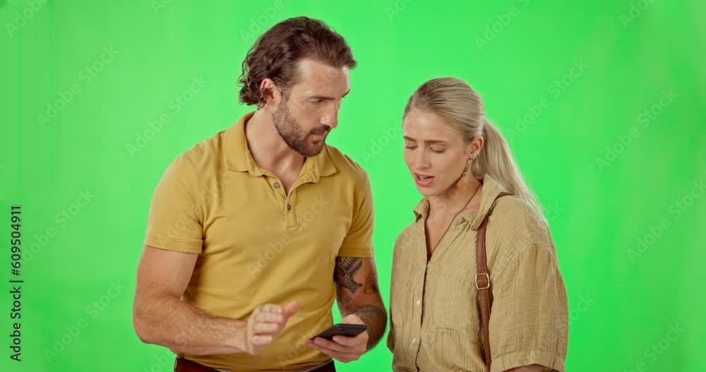 Poster couple, lost and phone on green screen studio for direction or navigation on mockup background. smar