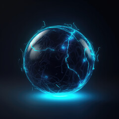 Electric magic ball isolated on a black background. Glass sphere with blue lightning and electric glowing. Generative AI illustration imitation.