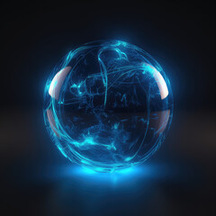 Electric magic ball isolated on a black flat background. Glass sphere with blue lightning and electric glow. Generative AI illustration imitation.