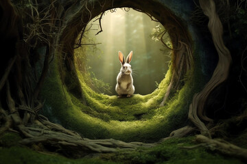 Rabbit in old cave hole in the forest - Generative AI - obrazy, fototapety, plakaty
