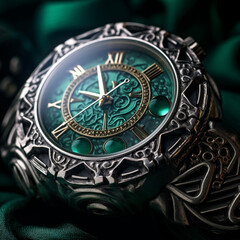 A beautiful Swiss wristwatch in silver with emerald stones from the medieval era very radially. AI-generated and human-created