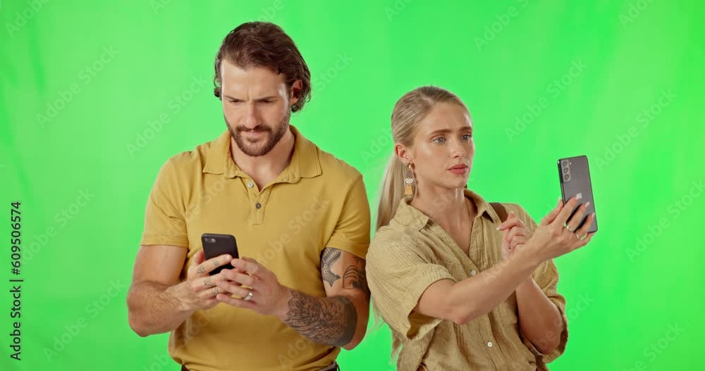 Poster bad, signal and couple with phone on green screen studio with delay, problem and internet issue. sma