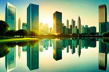 Fototapeta premium Double exposure of lush green forest and modern skyscrapers windows of building. Green city concept, Generative AI