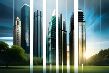 Double exposure of lush green forest and modern skyscrapers windows of building. Green city concept, Generative AI