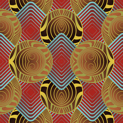 Fototapeta na wymiar Seamless illustrated pattern made of abstract elements in red, blue and yellow