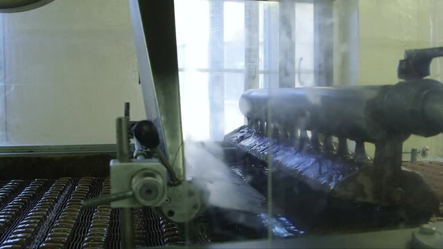 following medium shot of pouring candies with chocolate in a chocolate factory on a conveyor line