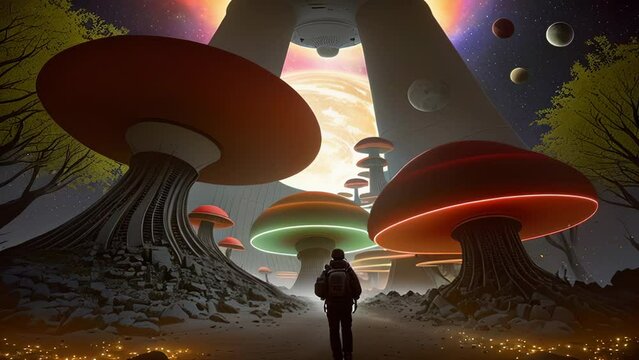 Hallucinating traveller through mushroom space colony, a.i. generated