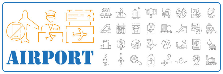 Airport Line Icons and Symbols icon Set, Plane, Transportation, Sign, Object. Summer travel flight tourist