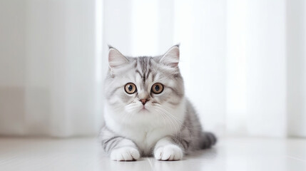 Obraz premium Adorable cat on a white background in different poses. Cat for advertisement. Kitten with white background. Bottomless cat. AI generated image.