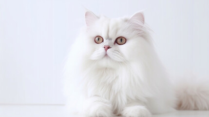 Fototapeta premium Adorable white cat on a white background in different poses. Cat for advertisement. Kitten with white background. Bottomless cat. AI generated image.