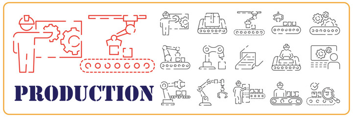 Production robot and Manufacturing line icon set. Included the icons as process, production, factory, packing and more