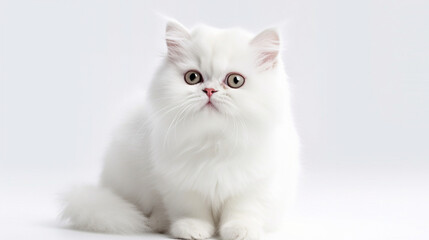 Adorable white cat on a white background in different poses. Cat for advertisement. Kitten with white background. Bottomless cat. AI generated image.