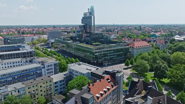 Drone shot of Modern architecture building , Hanover , Germany . 