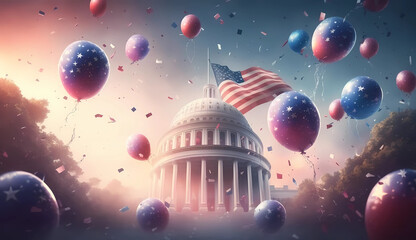 Beautiful 4th of July at Washington DC Lincoln memorial with American flag  blue red balloons  Generative AI