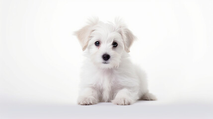 Fototapeta premium Adorable dog on a white background in different poses. Dog for advertisement. Bottomless dog. Puppy with white background. AI generated image. 