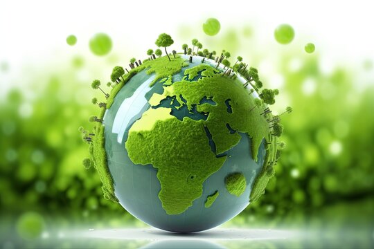 Miniature of planet Earth, concept of conservation and preservation of the environment, earth day and environment day, green background, Generative AI
