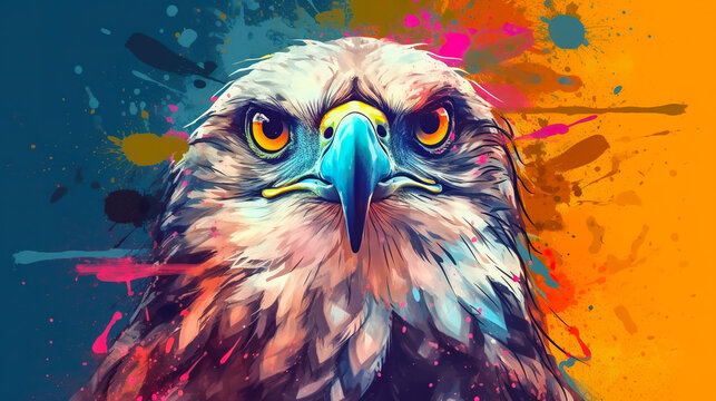 Hawk head face looking toward camera vector illustration in abstract mixed grunge colors digital painting in minimal graphic art style. Bird of prey. Digital illustration generative AI.
