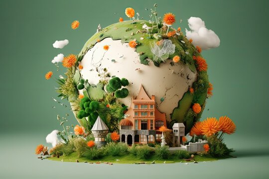 Miniature of planet Earth, concept of conservation and preservation of the environment, earth day and environment day, green background, Generative AI