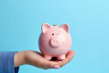 Hand holding piggy bank isolated on blue background, Generative AI