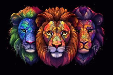 Abstract lion illustration in mosaic and collage style, surrealist lion, Generative AI