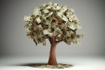 Money tree, tree with banknotes, tree with money leaves, grey background, Generative AI