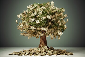 Money tree, tree with banknotes, tree with money leaves, grey background, Generative AI
