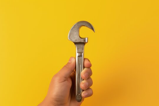 Hand holding wrench on yellow background, spanner, Generative AI