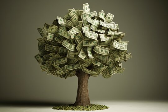 Money tree, tree with banknotes, tree with money leaves, green background, Generative AI