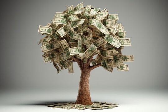 Money tree, tree with banknotes, tree with money leaves, grey background, Generative AI