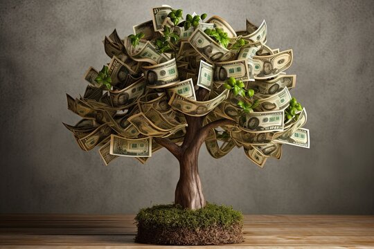 Money tree on wooden floor and gray background, tree with banknotes, tree with money leaves, Generative AI