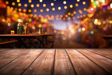 Wooden table and Festa Junina in the background, blurred festa junina background, Generative AI