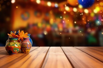 Wooden table with festa junina decoration objects with blurred background, Generative AI