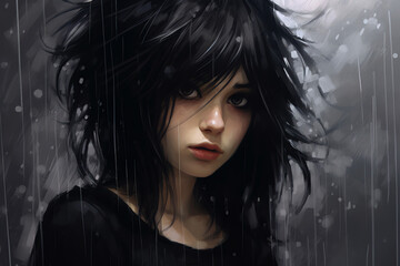 Sad girl with black hair in the rain portrait illustration - Generative AI - obrazy, fototapety, plakaty