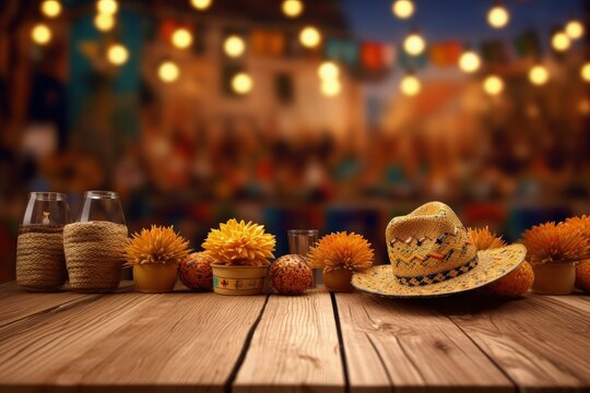 Wooden table with festa junina decoration objects with blurred background, Generative AI